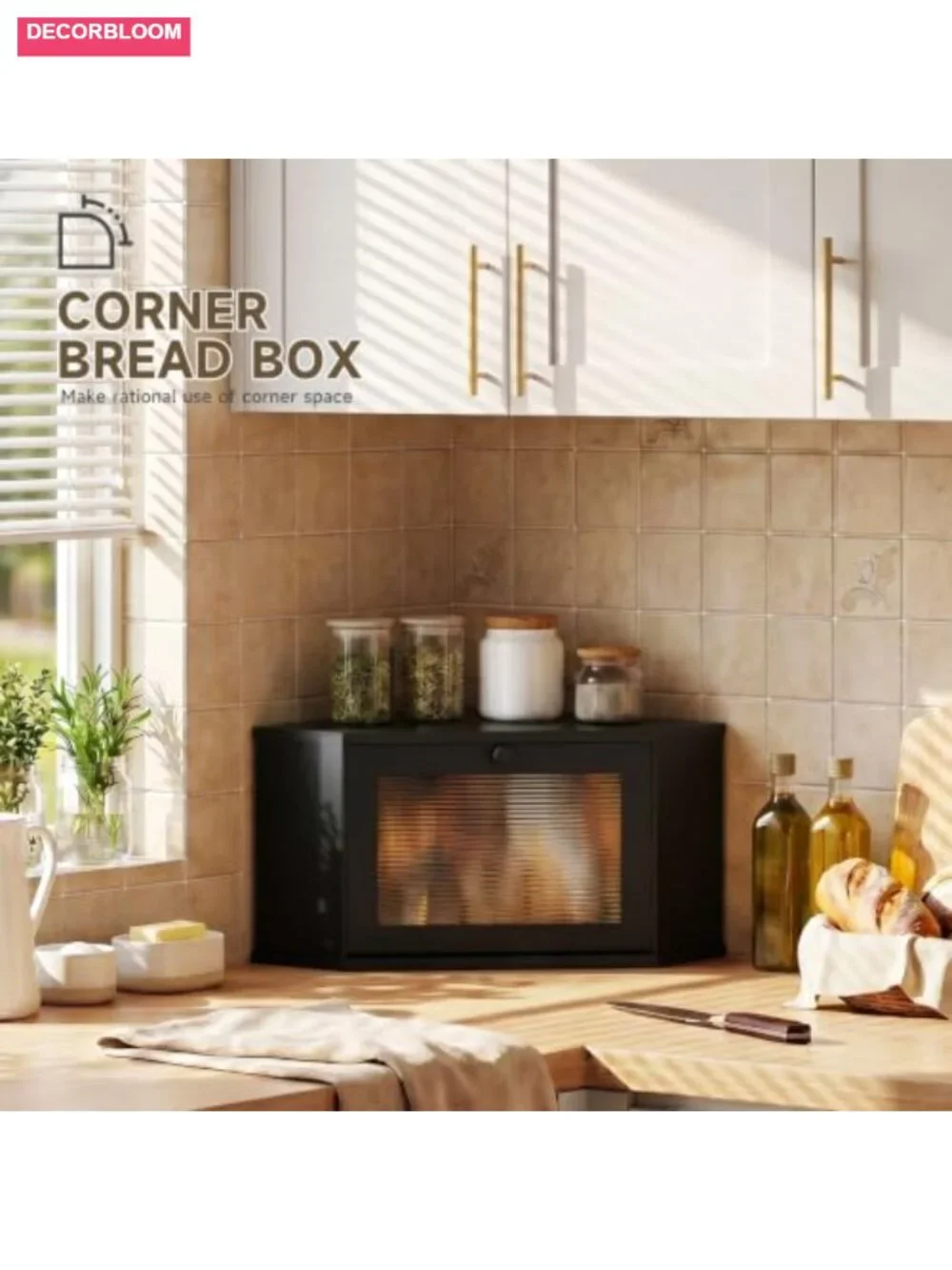 Corner Bread Box Kitchen Countertop Storage Bamboo Acrylic Door